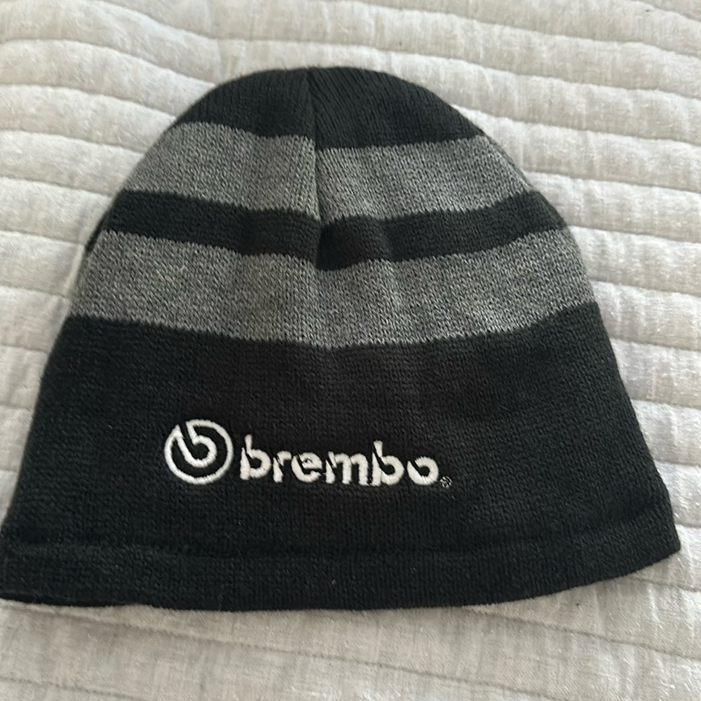 Brembo knit winter hat OS black hat w/ grey stripes and brembo logo on front